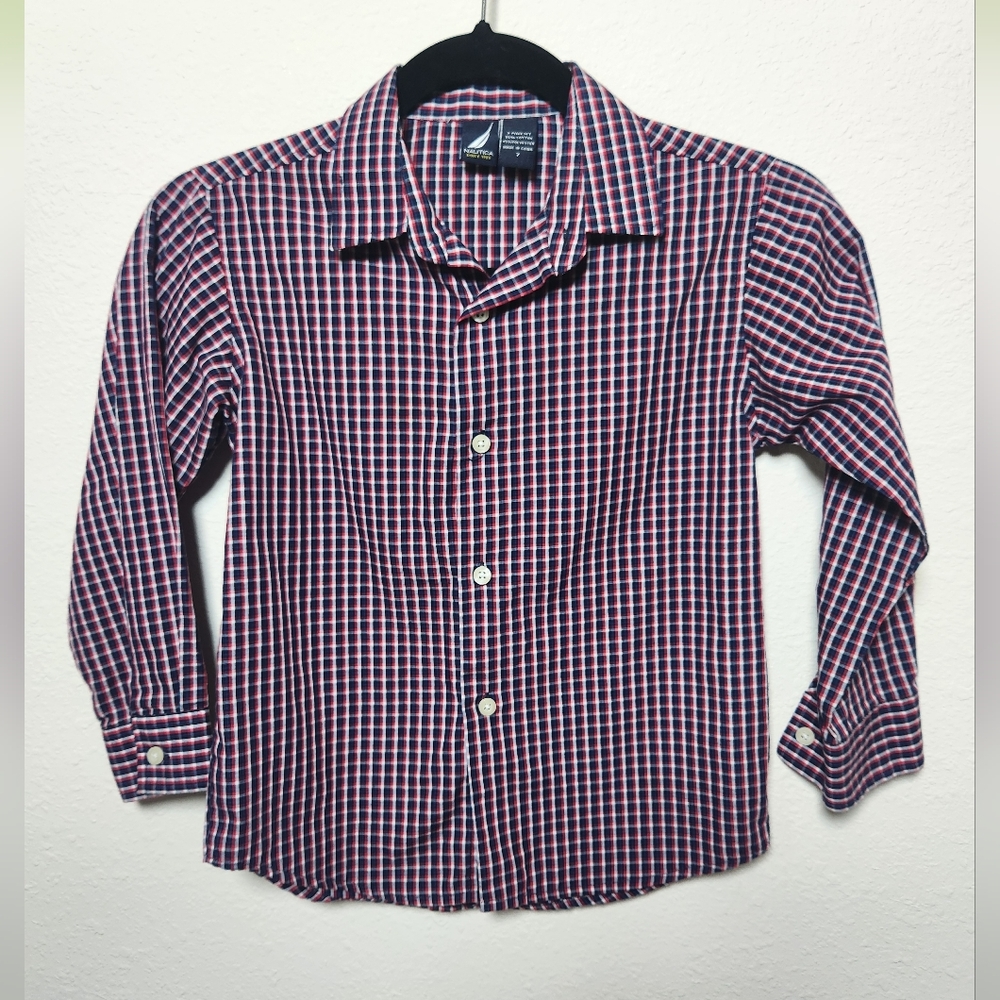 Nautica Little Boys Blue Red Plaid Long Sleeve Button Down Size 7